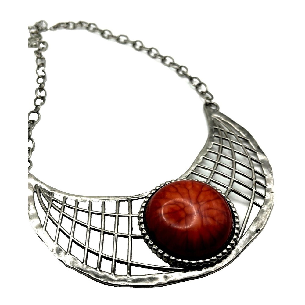 Brutalist Necklace Art Deco Inspired Hammered Lattice Bib Swirl Cabochon MCM